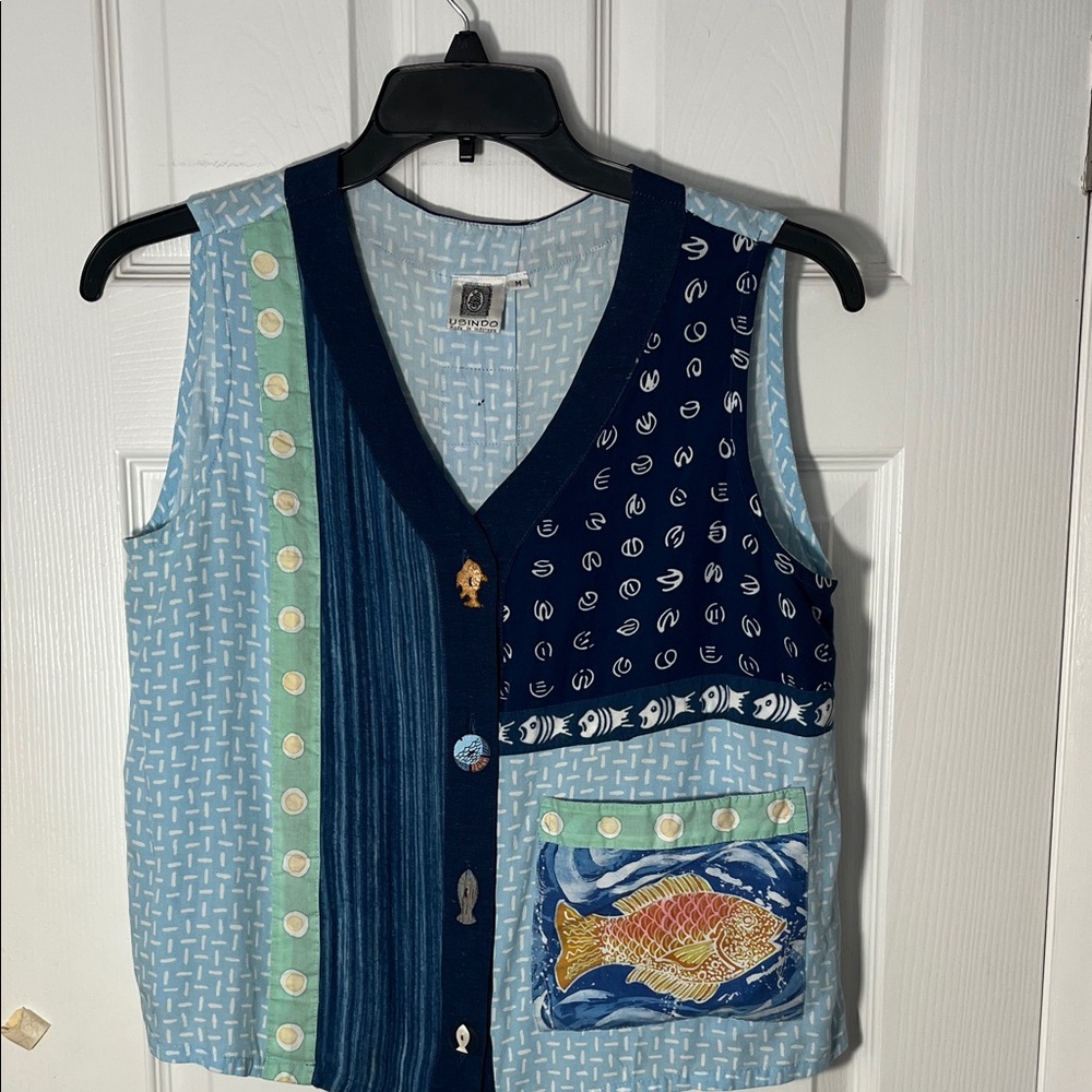 USINDO linen blend patchwork shirt vest art to wear
Fish print artsy blues Med